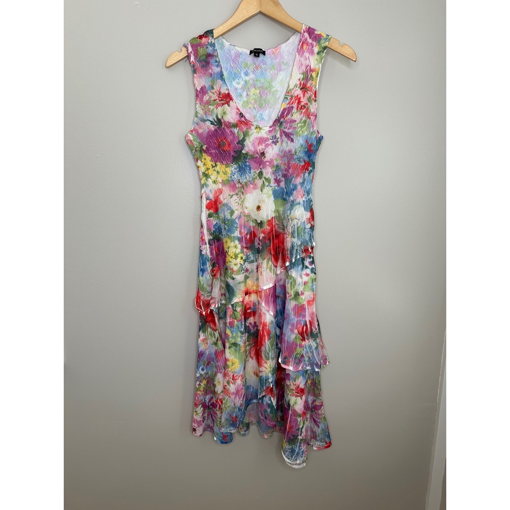 Komarov Floral Dress Watercolor Crinkle Print‎ Sleeveless Tiered Midi Women's S